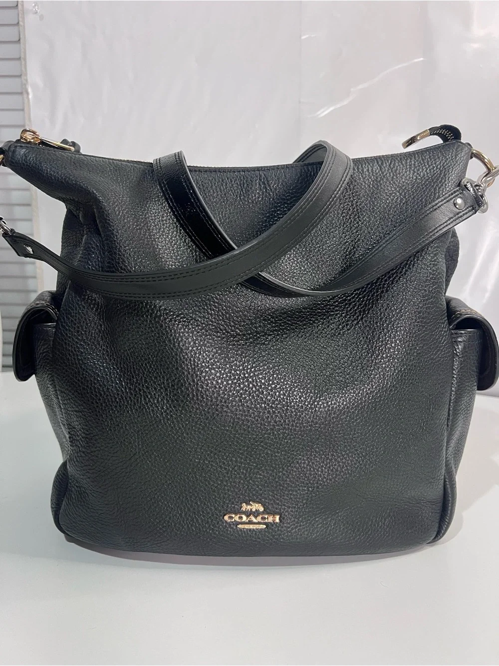 Coach Black Pebbled Leather Shoulder Bag with Gold Logo